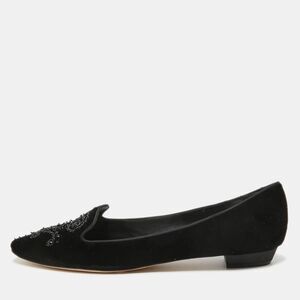 René Caovilla Black Velvet Crystal Embellished Slip On Smoking Slippers